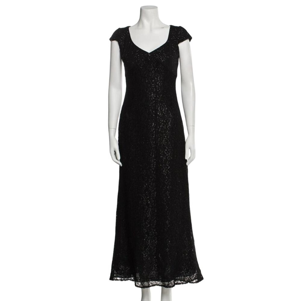 Badgley Mischka black gown cap sleeves‎ back zipper Sequin V Neck Long Dress Med